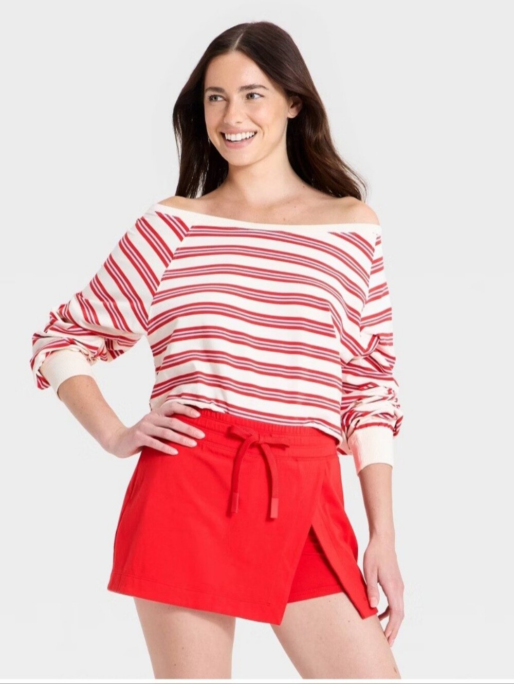 Women's Washed Jersey Off The Shoulder Cropped Long Sleeve Top - JoyLab' Red Str